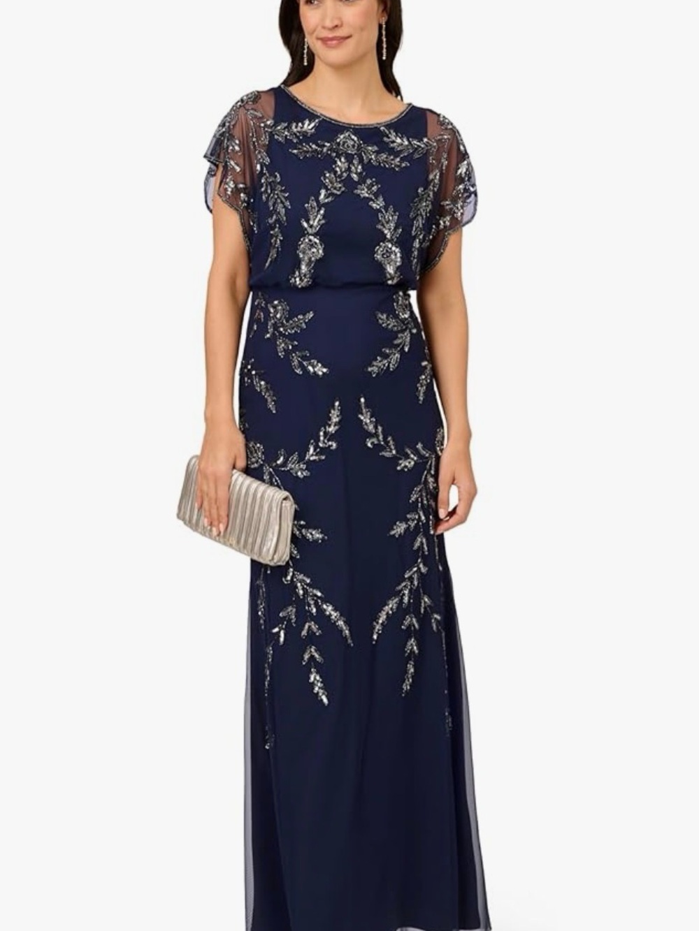 Adrianna Papell Navy Maxi Gown with Silver Sequin Motif